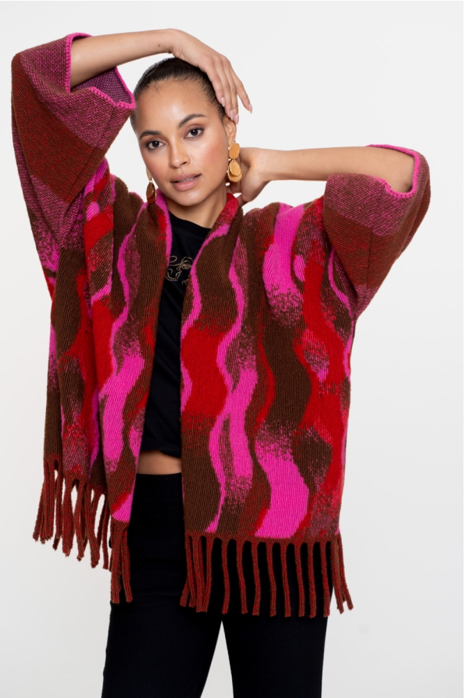 PONCHO MET SWIRLPRINT EN FRANJES 54545 20 BROWN/RED